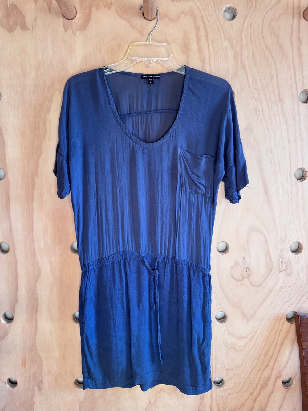 James Perse Indigo Short Sleeve V-Neck Drawstring Mini Dress